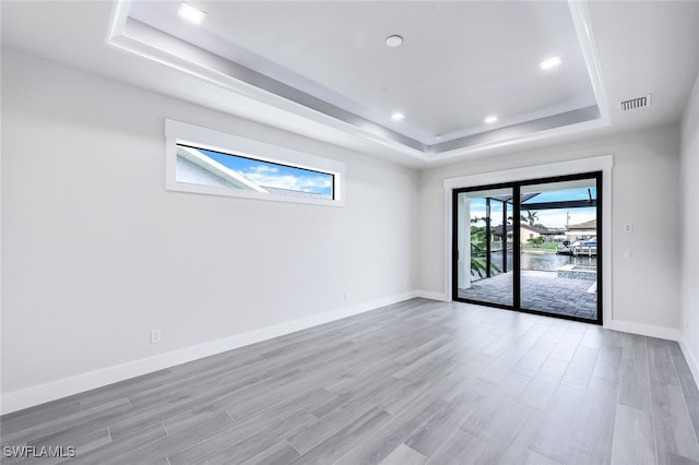 spare room with a healthy amount of sunlight, a raised ceiling, and light hardwood / wood-style flooring