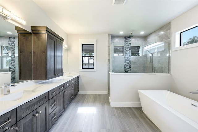 bathroom with vanity, plenty of natural light, and separate shower and tub