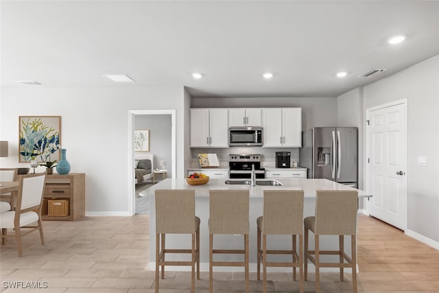 kitchen featuring a kitchen island with sink, a breakfast bar, white cabinets, and appliances with stainless steel finishes