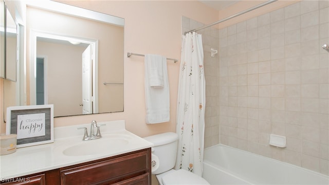 full bathroom with shower / bathtub combination with curtain, vanity, and toilet