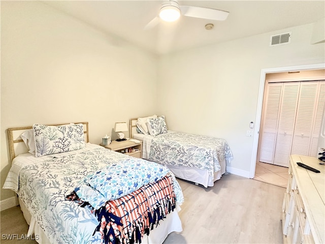 bedroom featuring ceiling fan, a closet, and light hardwood / wood-style floors