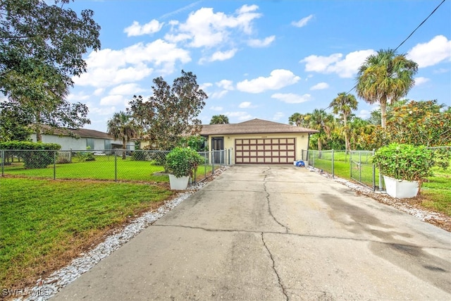 single story home featuring a garage and a front lawn