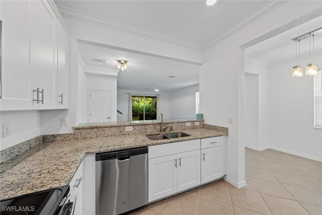 kitchen with dishwasher, black range oven, sink, and white cabinets