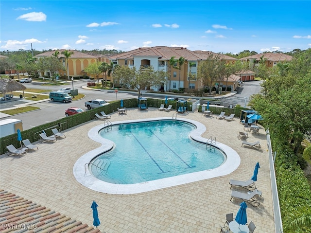 view of swimming pool featuring a patio area