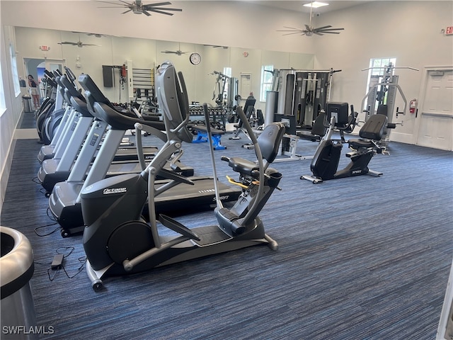 gym featuring ceiling fan and a healthy amount of sunlight