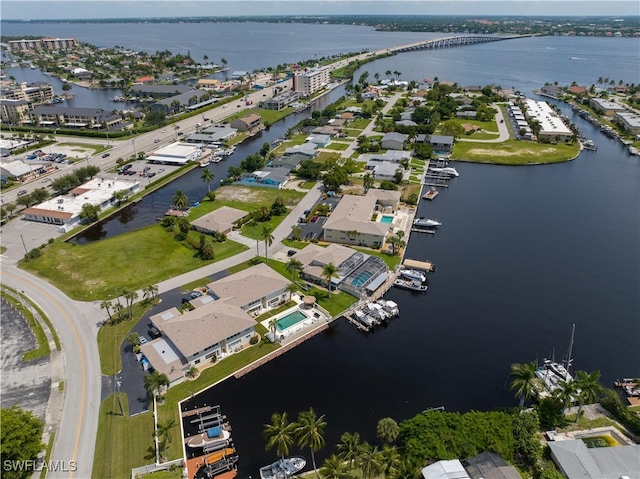 aerial view featuring a water view and a residential view