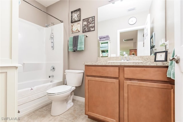 full bathroom featuring shower / bathing tub combination, vanity, toilet, and tile patterned floors