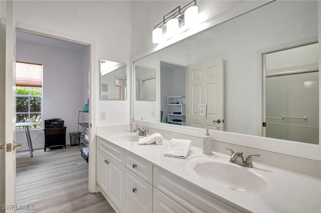 bathroom with wood-type flooring and vanity