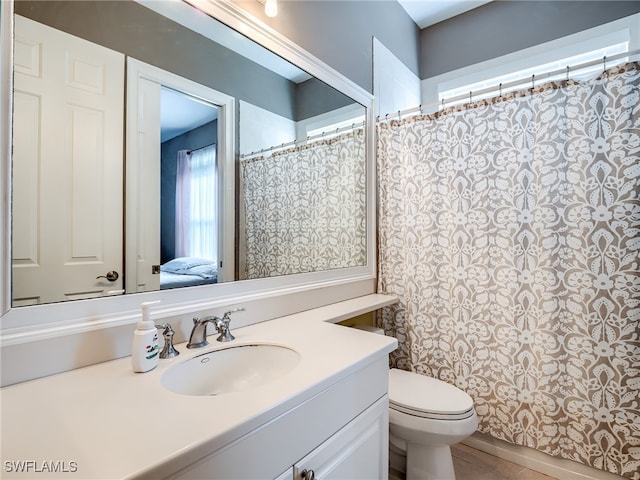 bathroom featuring vanity, a shower with curtain, and toilet