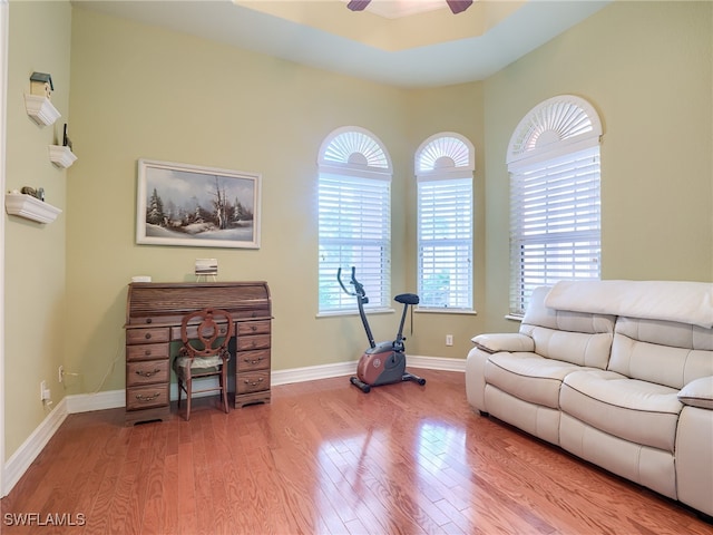 living room featuring ceiling fan and light hardwood / wood-style floors