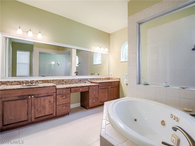 bathroom with vanity, tile patterned floors, and independent shower and bath