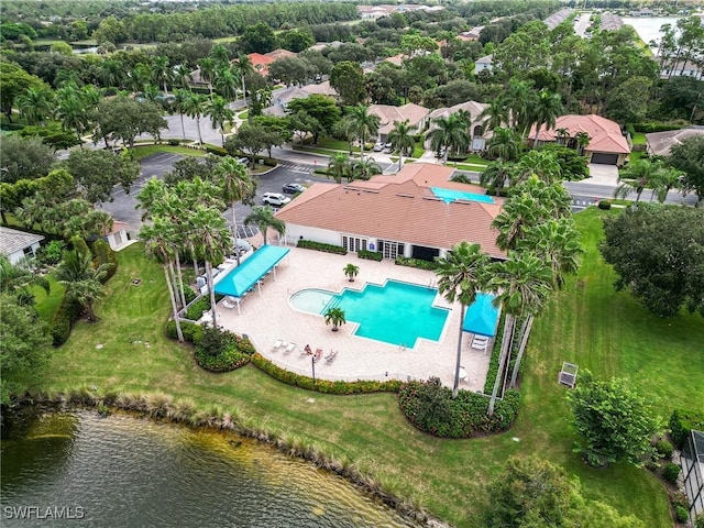 birds eye view of property featuring a water view