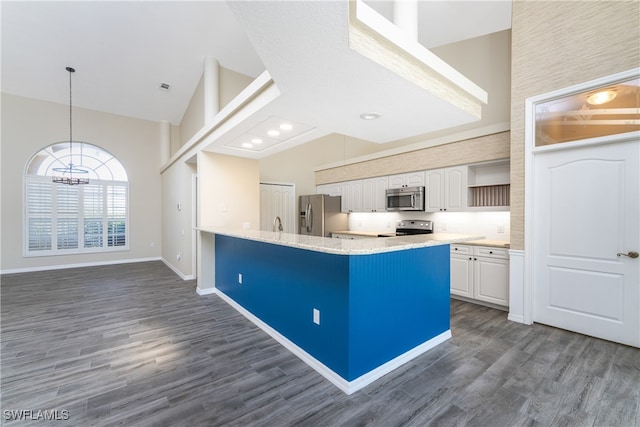 kitchen featuring appliances with stainless steel finishes, dark hardwood / wood-style floors, high vaulted ceiling, and white cabinetry