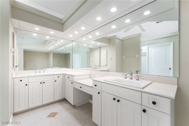 bathroom featuring vanity, ceiling fan, and tile patterned floors