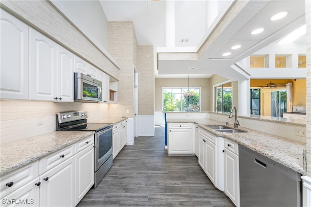 kitchen with stainless steel appliances, white cabinetry, dark hardwood / wood-style floors, and light stone counters