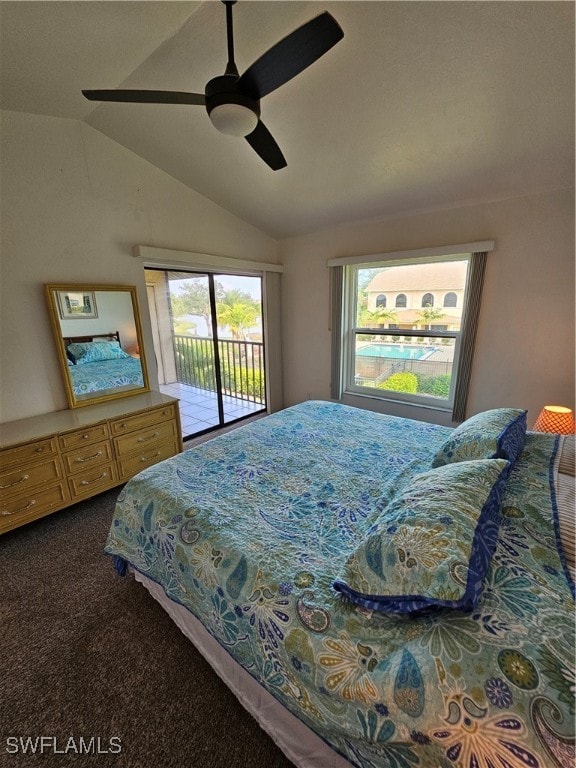 carpeted bedroom featuring vaulted ceiling, access to exterior, and ceiling fan