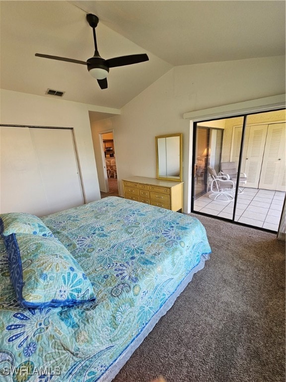 bedroom with lofted ceiling, ceiling fan, access to exterior, and carpet flooring