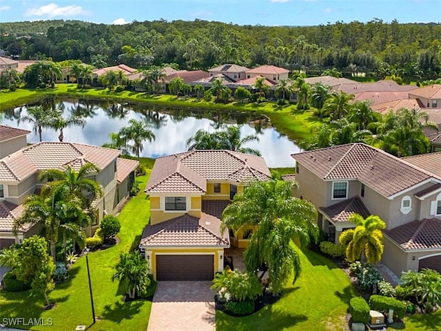 aerial view featuring a water view