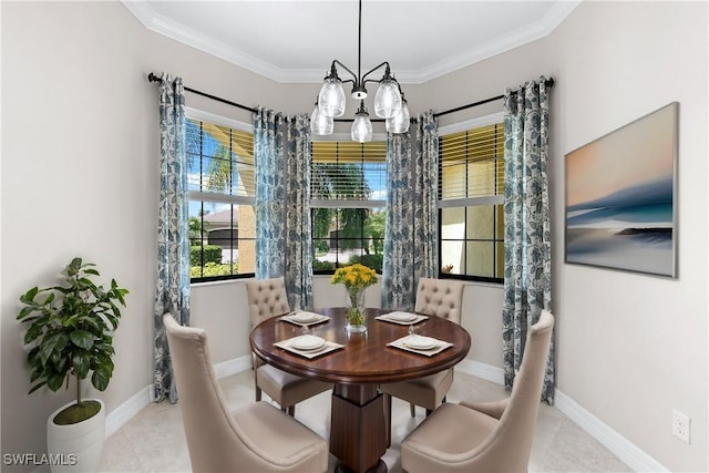 dining area featuring a chandelier, ornamental molding, and light tile patterned flooring