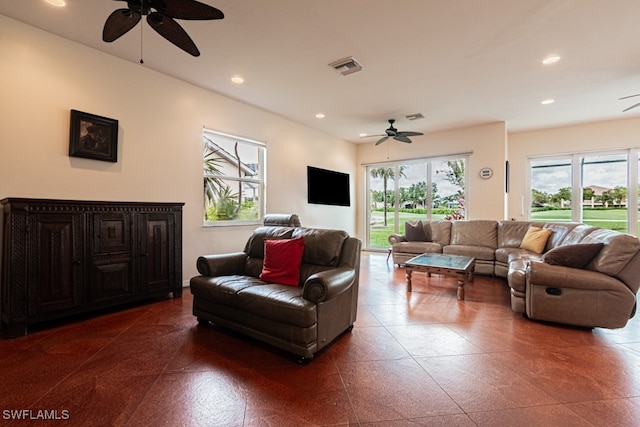 living room with ceiling fan