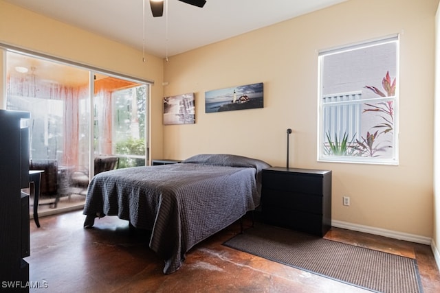 bedroom with dark wood-type flooring and ceiling fan