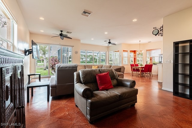 living room featuring ceiling fan