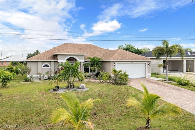 view of front facade featuring a garage and a front lawn