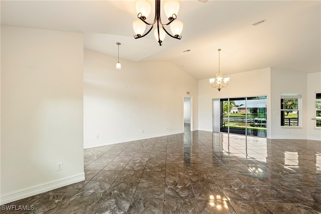 unfurnished living room featuring vaulted ceiling and a notable chandelier