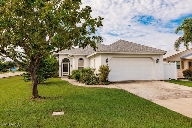 view of front of property featuring a garage and a front lawn