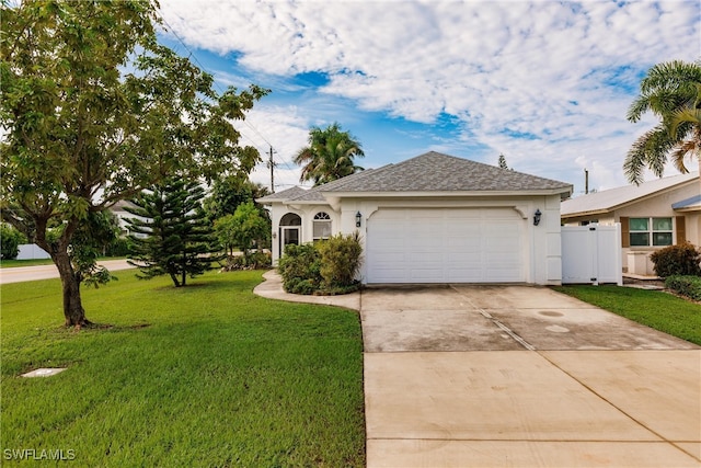 view of front of property with a front lawn and a garage