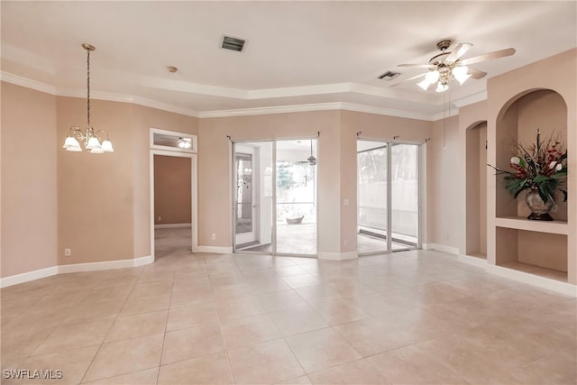 unfurnished room with ceiling fan with notable chandelier, built in shelves, light tile patterned flooring, and ornamental molding