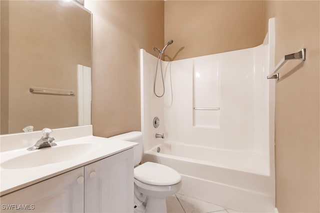 full bathroom featuring shower / tub combination, vanity, tile patterned flooring, and toilet