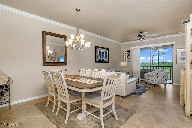 tiled dining area with ceiling fan with notable chandelier and crown molding