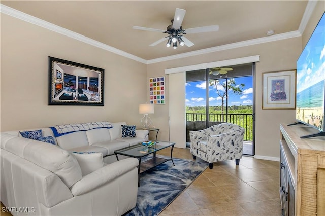 living room with ceiling fan, light tile patterned floors, and crown molding