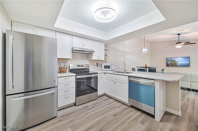 kitchen with white cabinets, decorative light fixtures, stainless steel appliances, and sink