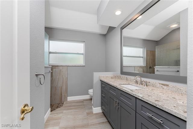 bathroom with a wealth of natural light, tiled shower, vanity, and toilet