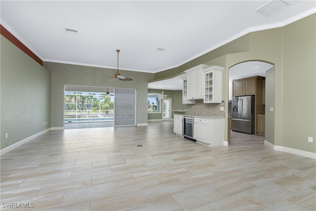 kitchen featuring ornamental molding, white cabinetry, stainless steel fridge with ice dispenser, and wine cooler