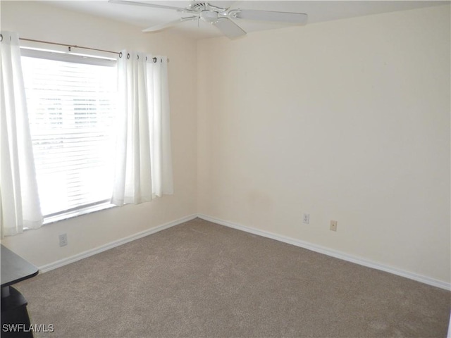 unfurnished room with ceiling fan and carpet