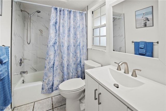 full bathroom with vanity, toilet, shower / tub combo with curtain, and tile patterned flooring