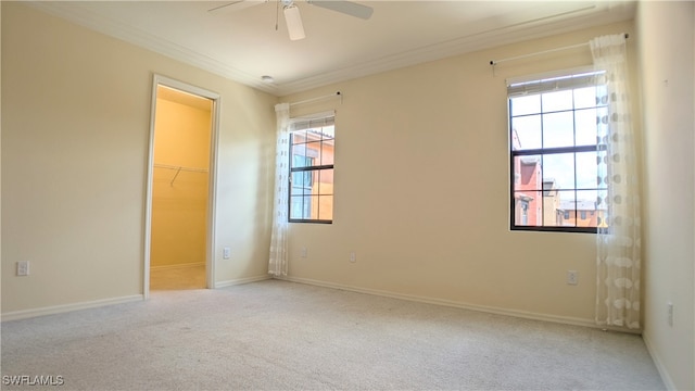 carpeted spare room with ornamental molding, a wealth of natural light, and ceiling fan