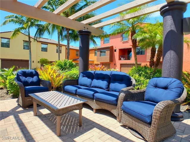 view of patio / terrace featuring a balcony, a pergola, and outdoor lounge area