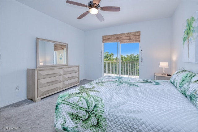 carpeted bedroom with ceiling fan and access to outside