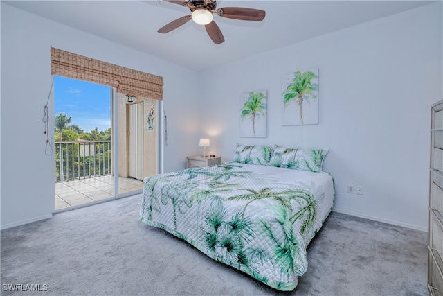 carpeted bedroom featuring access to outside and ceiling fan