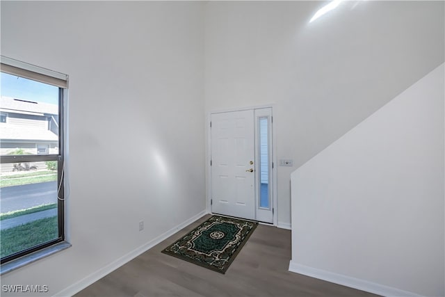 foyer with a high ceiling, wood finished floors, and baseboards