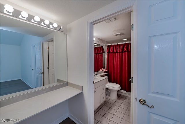 full bathroom with toilet, tile patterned flooring, vanity, and visible vents