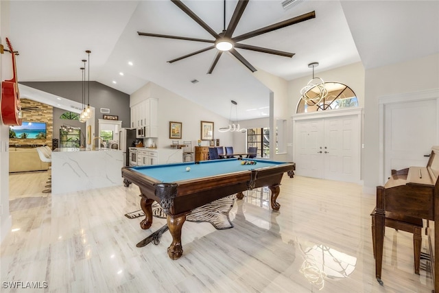 game room featuring a notable chandelier, billiards, light hardwood / wood-style floors, and high vaulted ceiling