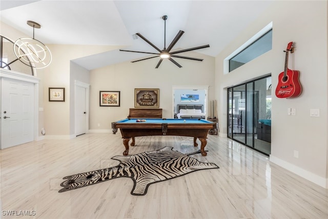 rec room with light hardwood / wood-style floors, lofted ceiling, and pool table