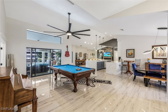 game room with ceiling fan, light wood-type flooring, pool table, and high vaulted ceiling