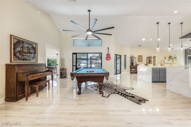 game room with light hardwood / wood-style flooring, ceiling fan, billiards, and sink