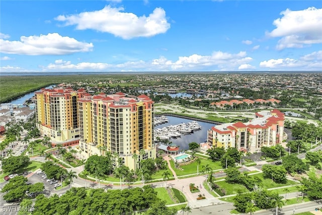 drone / aerial view with a water view